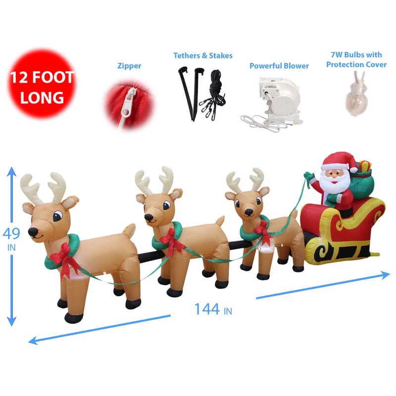 HUGE 12' Long shops SANTA IN SLEIGH PULLED BY REINDEER CHRISTMAS INFLATABLE YARD DECOR